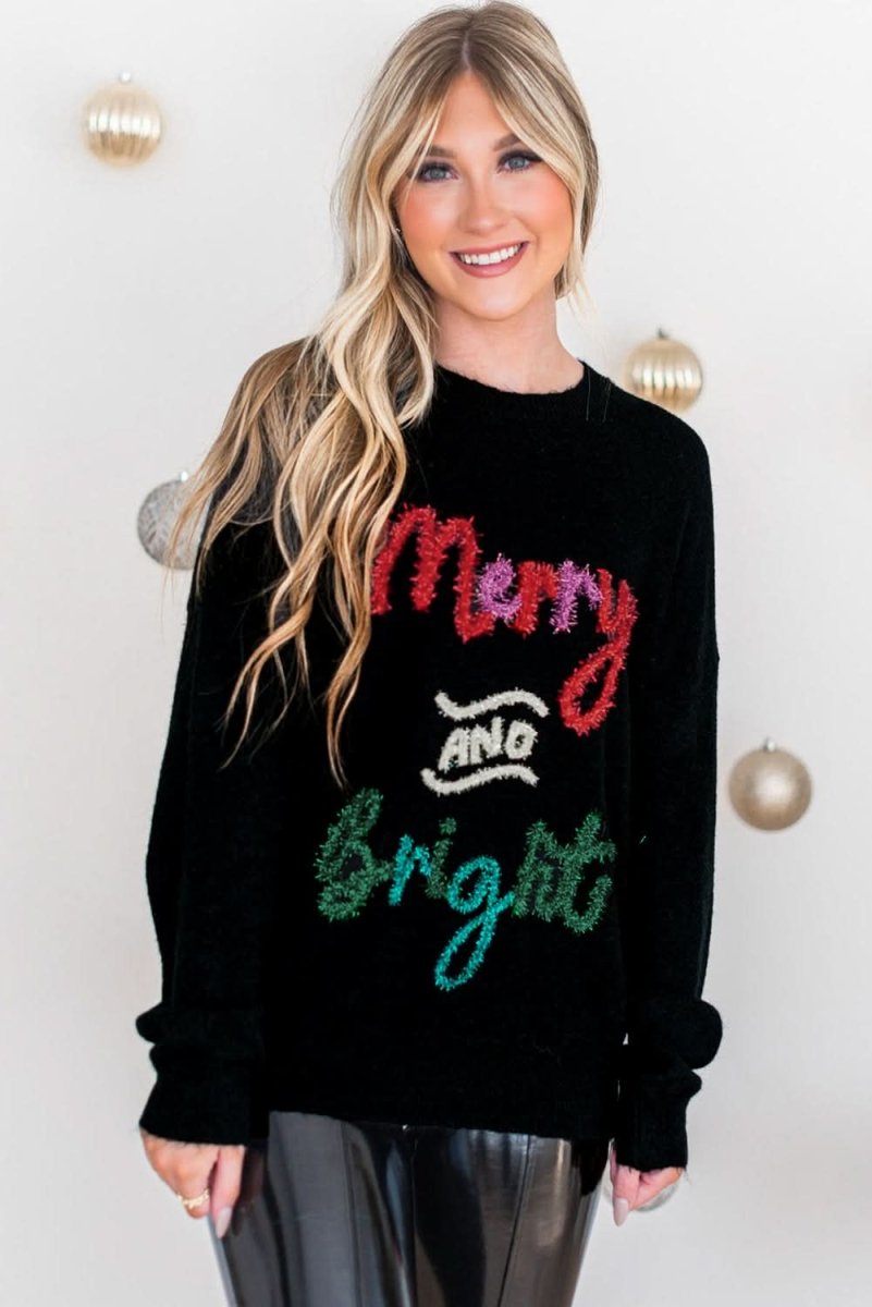 Black Tinsel Merry and Bright Graphic Christmas Sweater - Love Salve